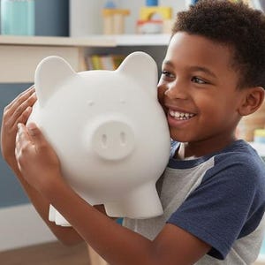 May include: A young person smiles while holding a large, white piggy bank. The piggy bank has a classic design with visible ears, snout, and tail. The scene is set in a child's room with a desk, shelves, and toys.