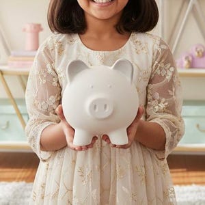 May include: A young girl smiles while holding a white piggy bank. She is standing in front of two white and gold shelves filled with decorative items. The shelves are against a light-colored wall, and the floor is covered with a rug.