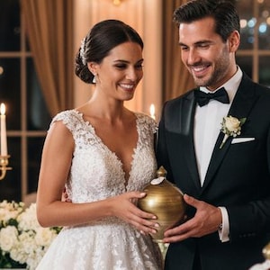 Puede incluir: Escena de recepción de boda. Los novios sostienen una urna dorada. La novia lleva un vestido de encaje blanco y el novio un esmoquin negro. Las mesas están decoradas con flores blancas y velas.