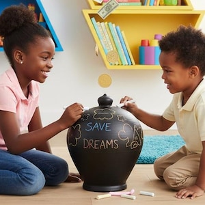 May include: A black chalkboard piggy bank with the words "SAVE DREAMS" written on it, with two children drawing on it with chalk. Money and coins are falling from the top. Yellow and blue shelves with toys and books are on the wall.