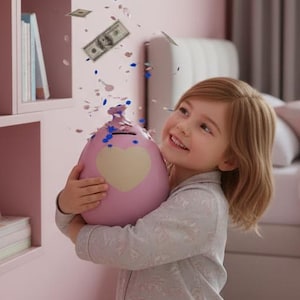 Ballet Pink Balloon with white heart, Piggy banks for girls, with hole openable stopper plug, birthday gift for girls, money pot for teens