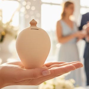 May include: A smooth, light beige, oval-shaped ceramic piggy bank with a small pointed top and a horizontal coin slot. The object is held in a palm, featuring a matte finish and a simple, rounded form designed for collecting coins or currency.