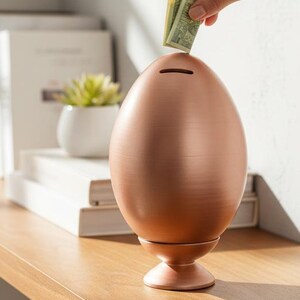 May include: A metallic copper-coloured egg-shaped piggy bank with a smooth finish, featuring a horizontal coin slot at the top. The object is mounted on a small, circular pedestal base, providing a stable foundation for this decorative savings container.