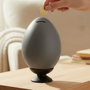 Peut inclure: Une tirelire en forme d'œuf, de couleur gris mat et lisse, dotée d'une fente horizontale sur le dessus et reposant sur un petit socle noir circulaire. L'objet est placé verticalement, prêt à recevoir une pièce dorée insérée dans la fente.