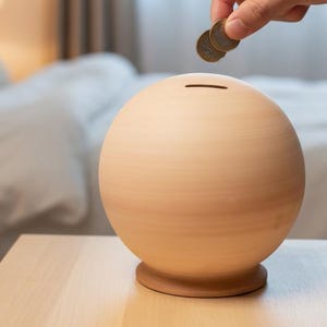 May include: A spherical, light-colored wooden piggy bank with a horizontal coin slot at the top. The object features a smooth, natural finish and rests on a circular base. A metallic coin is being inserted into the slot of the container.