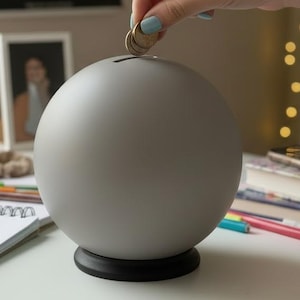 Ball Piggy Bank, Ceramic Piggy Bank, Money Pot, Gray and black, Handmade Ceramic Smash Coin Bank, Break-to-Open Piggy Bank