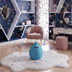 Puede incluir: Una habitación decorada en azul marino y blanco con una nube de confeti rosa y azul. Una hucha azul está sobre una alfombra blanca. Una silla y un otomán rosas están en el centro de la habitación. Las estanterías están llenas de objetos decorativos.