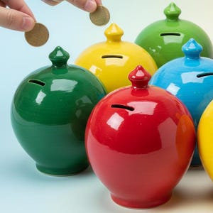 May include: A selection of brightly coloured ceramic money boxes in shades of green, yellow, red, blue, purple, and orange. Coins are being placed into the slots of the money boxes.