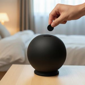 Peut inclure: Une tirelire sphérique noir mat avec une fente horizontale pour pièces sur le dessus. Une petite pièce noire circulaire est insérée dans la fente. L'objet présente une surface lisse et arrondie et repose sur une base circulaire stable.