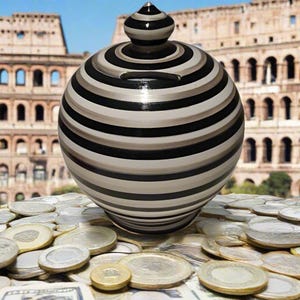 Könnte beinhalten: Ein gestreifter Sparschwein aus Keramik in Schwarz, Weiß und Beige mit einem Schlitz für Münzen. Die Bank ist kugelförmig mit einem konischen Deckel. Im Hintergrund das Kolosseum und verstreute Münzen.