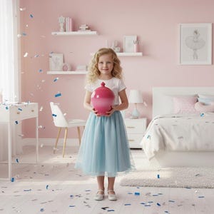 May include: A child with curly blonde hair wearing a white short-sleeved shirt and a light blue tulle skirt, holding a bright pink ceramic piggy bank. The scene is filled with scattered blue and silver confetti pieces throughout the room.