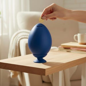 以下が含まれることがあります： 滑らかなマットネイビーブルーの卵型貯金箱。上部に横向きのコイン投入口があり、小さな円形の台座の上に置かれています。この貯金箱は直立しており、無地で不透明な仕上げとシンプルな丸みを帯びたシルエットが特徴です。