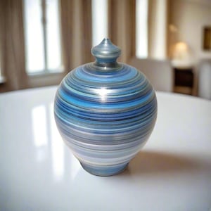 May include: A blue and white ceramic money box with a swirl pattern. The money box has a round body and a small, pointed lid.