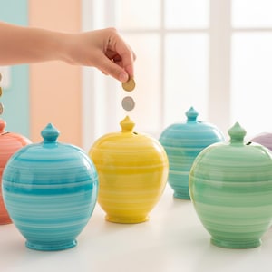 May include: A collection of six colorful ceramic piggy banks in shades of coral, turquoise, yellow, teal, green, and lavender. Each bank has a round shape with horizontal striped detailing and a small, decorative finial on top. Coins are being dropped into the slots.