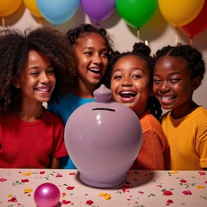 May include: A light purple ceramic piggy bank with a slot for coins, set against a backdrop of smiling children and colorful balloons. The bank has a rounded shape and a small, decorative top.