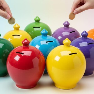 May include: A collection of eight glossy, spherical ceramic piggy banks in vibrant colors including red, yellow, green, blue, purple, and orange. Each bank features a small pointed lid and a horizontal coin slot on the top for saving money.
