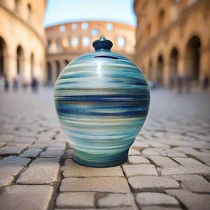 Può includere: Un salvadanaio in ceramica con un motivo a righe blu, verde acqua e bianche. La banca ha una piccola apertura nella parte superiore per inserire le monete e un pomello blu scuro sul coperchio. La banca è rotonda con una base leggermente svasata.