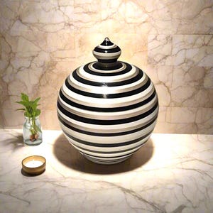 Può includere: Un vaso in ceramica sferico con finitura lucida, caratterizzato da strisce orizzontali alternate in nero, bianco e argento metallizzato. Il vaso è sormontato da un coperchio a punta coordinato che riprende il motivo a righe del corpo.