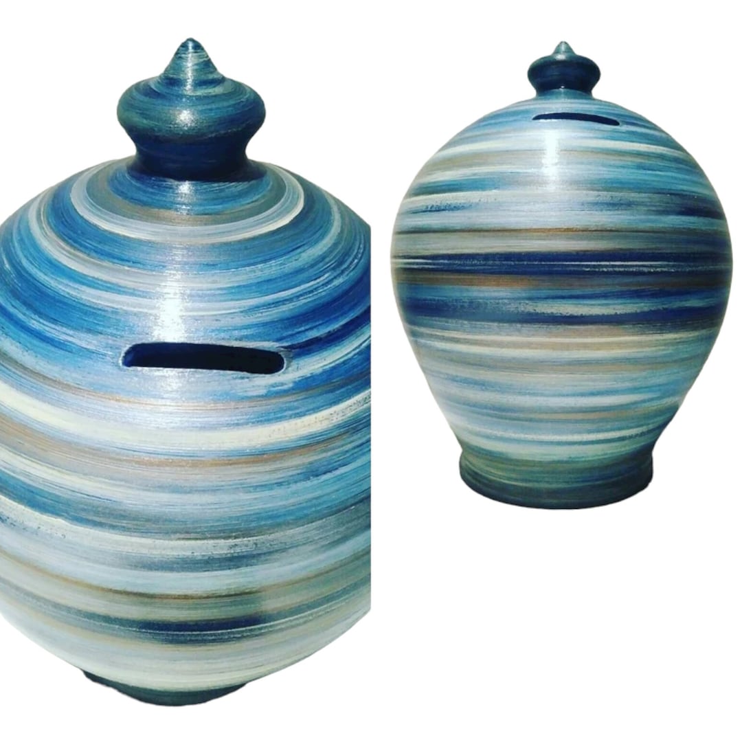 Money Pot, Shades of Blue Bronze Beige, Large Piggy Bank, Piggy Bank No ...