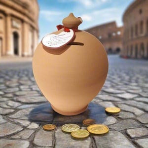 Puede incluir: Una hucha de color terracota con un cuerpo redondeado, una pequeña abertura para monedas y una parte superior decorativa. Una etiqueta con texto cuelga de la parte superior. Varias monedas de oro están esparcidas alrededor de la base.