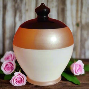 Op de afbeelding: Een keramische spaarpot met een afgeronde vorm, met een kleurenschema van wit, brons en donkerbruin. De spaarpot heeft een gleuf aan de bovenkant en is versierd met roze rozen. Het is een decoratief item.