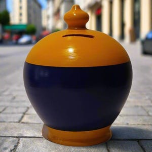 May include: A round, two-toned piggy bank. The top half is a warm yellow-orange, and the bottom half is a deep navy blue. It has a slot for inserting coins and a decorative finial on top. The bank is made of ceramic or a similar material.