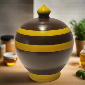 May include: A hand-painted, ceramic jar with a lid. The jar is brown with two yellow stripes around the middle. The lid is yellow and the base is yellow. The jar is sitting on a wooden surface.