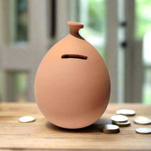 May include: A smooth, light peach-colored ceramic piggy bank shaped like a rounded balloon with a narrow neck at the top. The object features a horizontal coin slot centered on the front surface, providing a simple and functional design for saving.