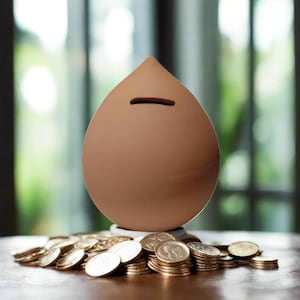 May include: A brown, teardrop-shaped ceramic money box with a slot for coins. It rests on a white base, with a collection of gold coins in front. The background is blurred, showing a window.