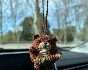 Crochet Beaver Car Charm: Handmade Rear View Mirror Hanging Decor