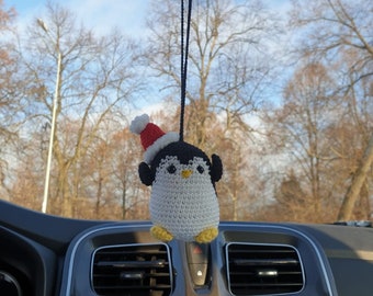 Car mirror hanging cute accessories crochet penguin Xmas hanger toy rear view mirror winter car charm Backpack pendant keychain gift