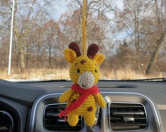 Giraffe car charm hanging crochet Rear view mirror cute car accessories Xmas car decor hanger plush decoration yellow ornament