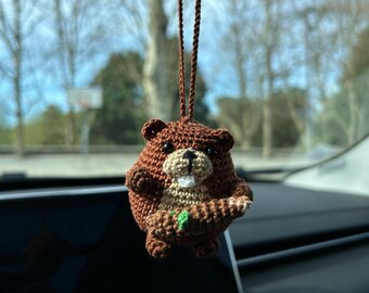 Crochet beaver rear view mirror cute car charm hanging accessory animal lover gift Handmade car decor ornament Handcrafted new car gift