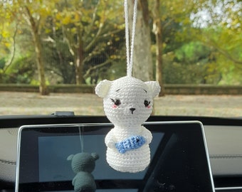 Hanging crochet polar bear cute car charm, rearview mirror accessory Xmas tree hanger friendship coworker gift handmade backpack pendant