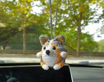 Blue Merle Corgi rear view mirror cute car charm pet lover gift puppy accessory plush small backpack pendant crochet keychain dog handmade