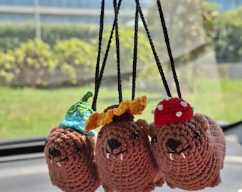 Crochet Rock Hyrax Car Charm, Cute Awawa Keychain, Mushroom Sunflower Bluebell Hat Backpack Charm, Amigurumi Animal Rear View Mirror Hanging