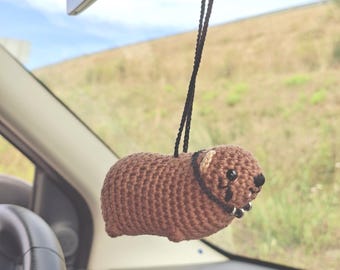 Handmade Crochet Rock Hyrax (Awawa) – Rear View Mirror Car Charm, Rock Music Fan Gift, Backpack Charm, Keychain, Cute Rocker Gift