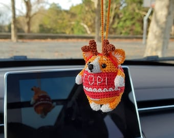 Christmas corgi crochet car hanging Xmas tree ornament rear view mirror cute car charm dog lover personalized gift Custom made name