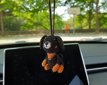 Hanger crochet dog small black puppy rear view mirror handmade accessory Bag backpack cute keychain  pendant  personalized decor, customized