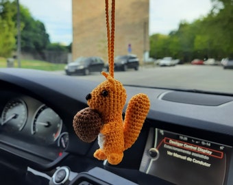 Squirrel with nuts car hanging cute bag charms Rear view mirror women's accessories forest animal plush crochet keychain backpack pendants