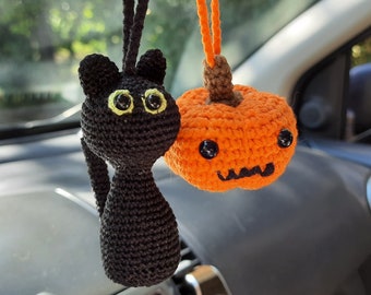 Black cat car charm Crochet halloween scary pumpkin Rear view mirror cute car accessory Women's accessories Hanging fall decorations