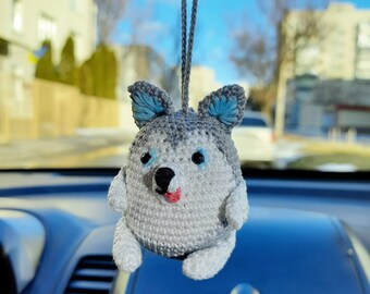 Husky car hanging crochet accessory Rear view mirror stuffed puppy Cute keychain dad mom dog gift Backpack pendants bag charms