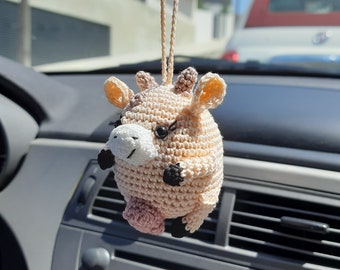 Сow car hanging rear view mirror women's accessories Сute bag charms stuffed small cow farmer gift Breastfeeding new mom gift crochet