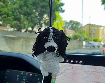 Black and white spaniel rear view mirror car hanging charm Dad mom dog gift stuffed puppy cute keychain handmade crochet accessory