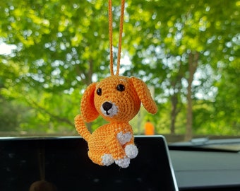 Rear view mirror crochet dog charm small car accessory, custom order personalized gift, backpack pendant, dog lover gift hanging dog