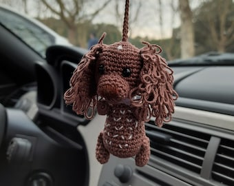 Brown spaniel rear view mirror car hanging charm Dad mom dog gift stuffed puppy cute keychain handmade crochet accessory