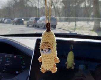 Crochet Bananacat Meme Car Charm: Handmade Rear View Mirror Accessory