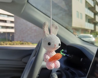 Crochet hanging Easter rabbit rear view mirror bunny car ornament charm accessories car decoration Cute women's things plushie gift