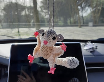 Crochet Sugar Glider Car Charm, Handmade Possum Rear View Mirror Hanger