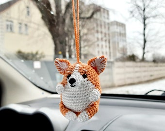 Corgi car hanging cute bag charms Rear view mirror women's accessories Dog lover gift crochet keychain backpack pendants trucker present